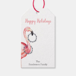 Prettige feestdagen Kerstmis Flamingo met krans Cadeaulabel