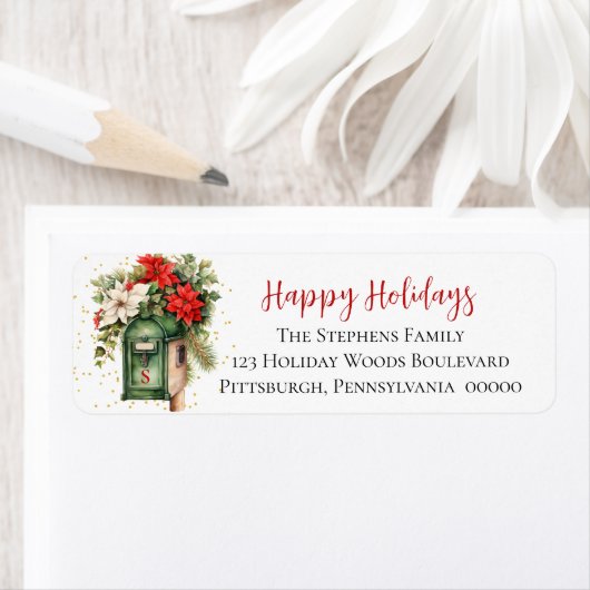 Prettige feestdagen Kerstmis Mailbox Floral Monogr Etiket (Insitu)