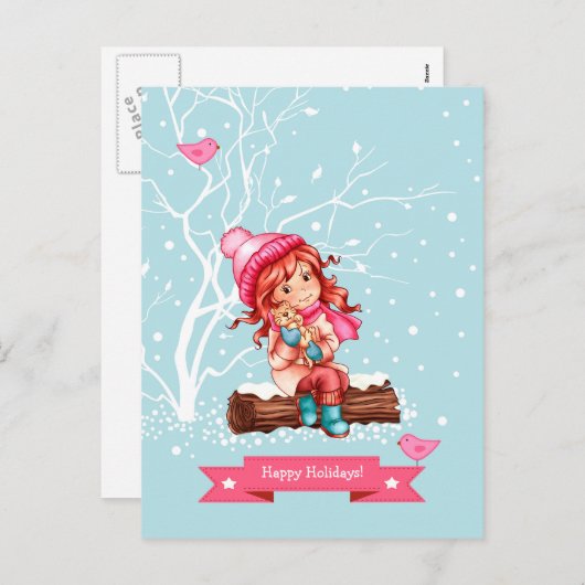 prettige feestdagen. Kerstmis met klein meisje en Feestdagenkaart (Voorkant / Achterkant)