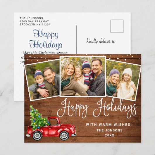 prettige feestdagen kerstrood Boerderij Truck 3 Fo Briefkaart (Voorkant / Achterkant)