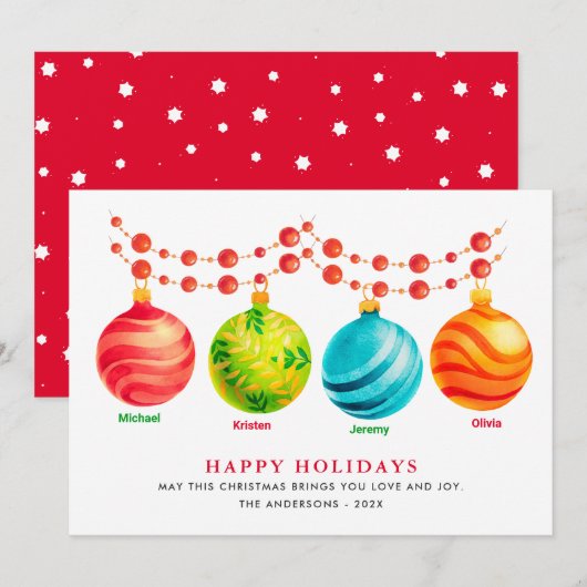 prettige feestdagen kerstversiering 4 Familienamen Feestdagenkaart (Voorkant / Achterkant)