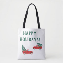 prettige feestdagen kleine rode kerstboom tote bag