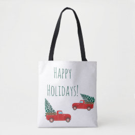 prettige feestdagen kleine rode kerstboom tote bag