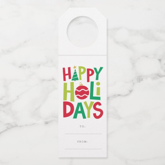 Prettige feestdagen kleurrijk geïllustreerd flessenhanger (Voorkant)