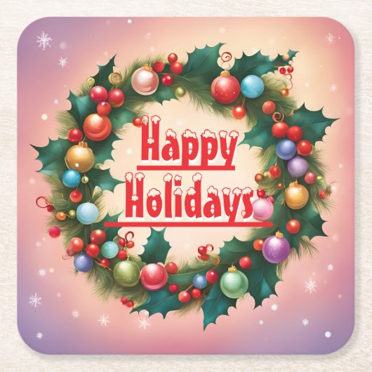 Prettige feestdagen Krans Kleurrijke Kerstsneeuw Kartonnen Onderzetters (Voorkant)