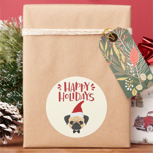 prettige feestdagen - Kute Pug Kerstmis Ronde Sticker (Feestdagen)