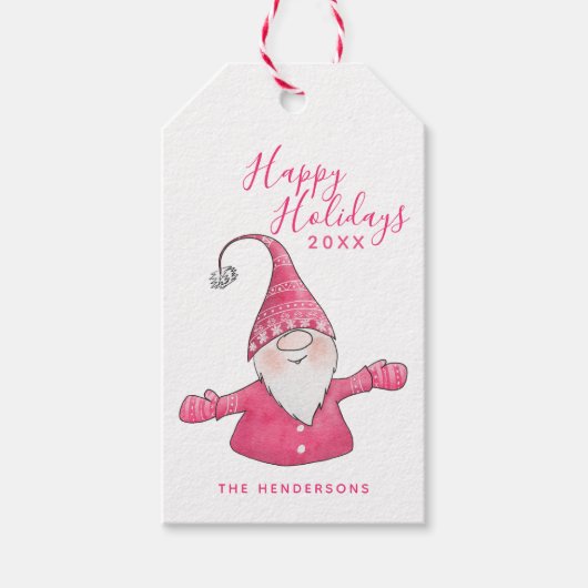 Prettige feestdagen Leuke Gnome Moderne Roze Kerst Cadeaulabel (Voorkant)