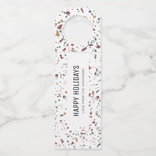 Prettige feestdagen Leuke moderne kleuren Terrazzo Flessenhanger (Voorkant)