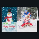 Prettige feestdagen Leuke Snowman Foto Kerst Kaart<br><div class="desc">Deel uw kerstgroeten met deze mooie kerstvakantie kaart. Het heeft een sneeuwpop op een besneeuwde nacht. Voeg een foto toe van uw familie. Perfect om naar je familie en vrienden te sturen voor de feestdagen. Ontworpen voor u door Blackberry Boulevard.</div>