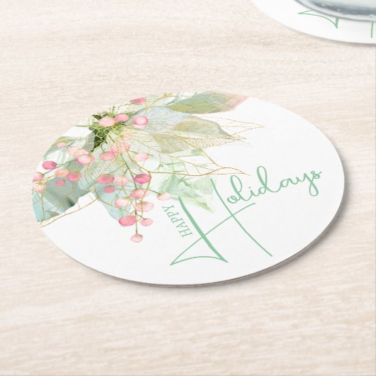 Prettige feestdagen Lichtgroen Roze Gouden Poinset Ronde Kartonnen Onderzetter (Gebogen)