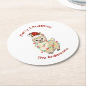 Prettige feestdagen Llama met Lichten Vrolijk Kers Ronde Kartonnen Onderzetter (Gebogen)