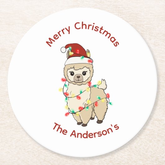 Prettige feestdagen Llama met Lichten Vrolijk Kers Ronde Kartonnen Onderzetter (Voorkant)