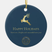 Prettige feestdagen Logo Blauw gouden rendier Keramisch Ornament (Voorkant)