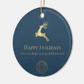 Prettige feestdagen Logo Blauw gouden rendier Keramisch Ornament (Links)