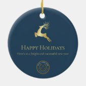 Prettige feestdagen Logo Blauw gouden rendier Keramisch Ornament (Achterkant)