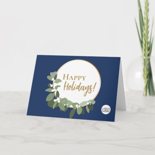 Prettige feestdagen Logo Blauw Modern Goud Script Kaart (Voorkant)