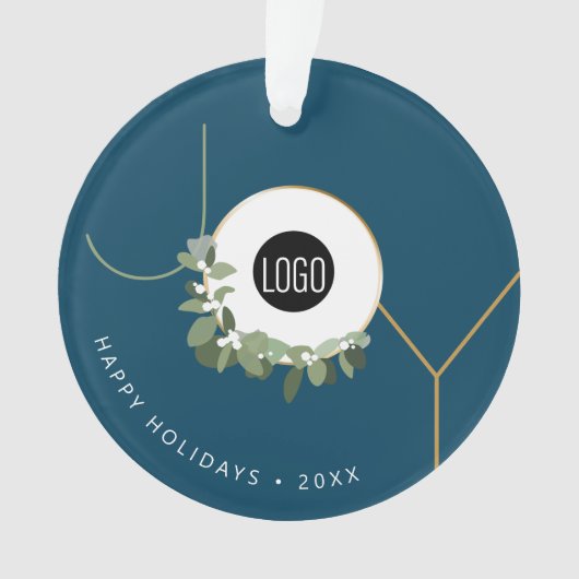 Prettige feestdagen Logo Blue JOY Wreath Ornament (voorkant)