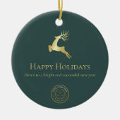 Prettige feestdagen Logo Green Gold Reindeer Keramisch Ornament (Voorkant)