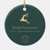 Prettige feestdagen Logo Green Gold Reindeer Keramisch Ornament (Achterkant)