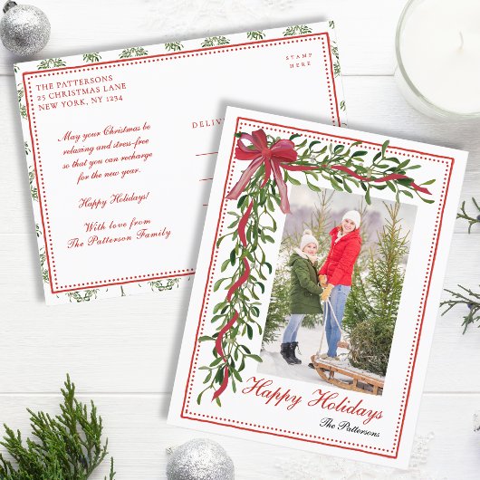 Prettige feestdagen Maretak Red Bow Familiefoto