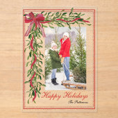 Prettige feestdagen Maretak Red Bow Familiefoto Acryl Uitnodigingen (Voorkant)