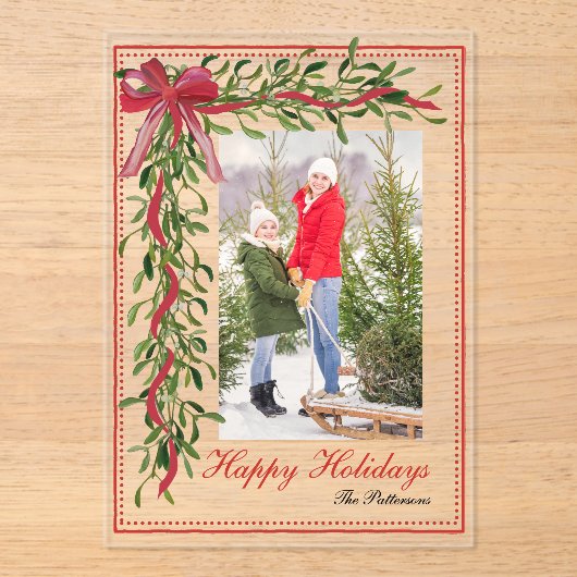 Prettige feestdagen Maretak Red Bow Familiefoto Acryl Uitnodigingen (Voorkant)