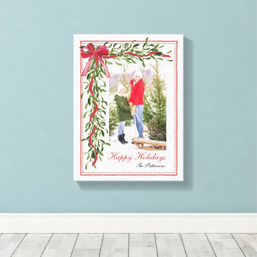 Prettige feestdagen Maretak Red Bow Familiefoto Canvas Afdruk (Insitu (Houten vloer))
