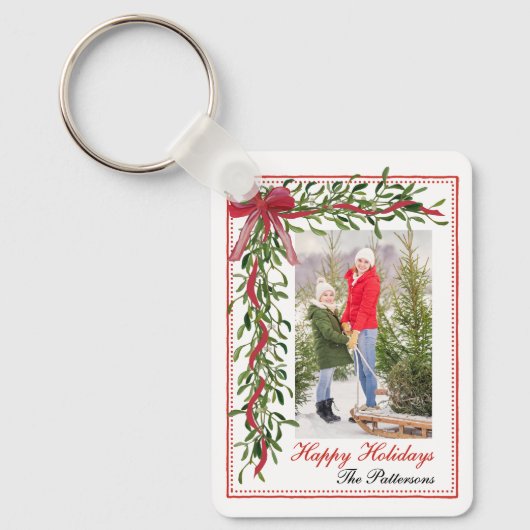 Prettige feestdagen Maretak Red Bow Familiefoto Sleutelhanger (Voorkant)