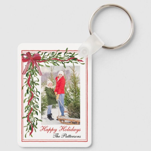 Prettige feestdagen Maretak Red Bow Familiefoto Sleutelhanger (Achterkant)