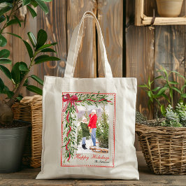 Prettige feestdagen Maretak Red Bow Familiefoto Tote Bag