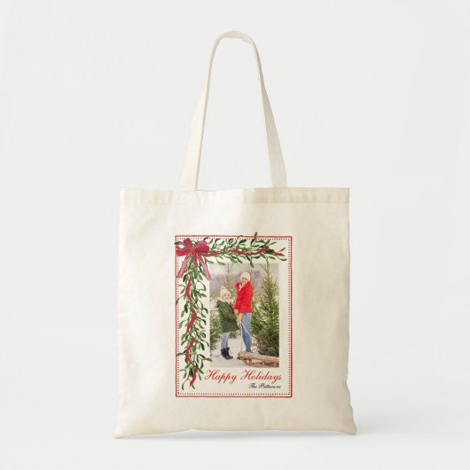 Prettige feestdagen Maretak Red Bow Familiefoto Tote Bag (Voorkant)