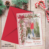 Prettige feestdagen Maretak Red Bow Familiefoto Vellum Uitnodigingen