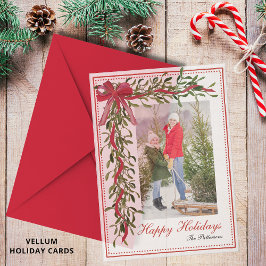 Prettige feestdagen Maretak Red Bow Familiefoto Vellum Uitnodigingen