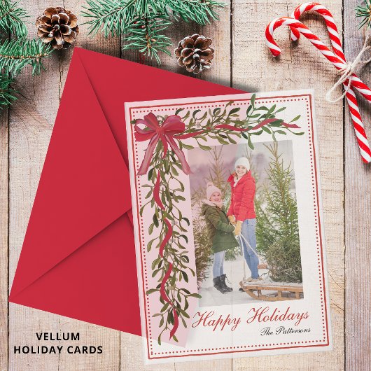 Prettige feestdagen Maretak Red Bow Familiefoto Vellum Uitnodigingen