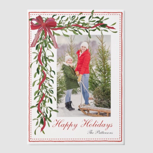 Prettige feestdagen Maretak Red Bow Familiefoto Vellum Uitnodigingen (Voorkant)