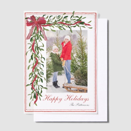 Prettige feestdagen Maretak Red Bow Familiefoto Vellum Uitnodigingen (Offset)