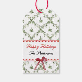 Prettige Feestdagen Maretak Rode Strik Custom Kers Cadeaulabel