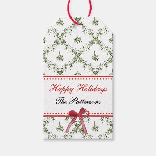 Prettige Feestdagen Maretak Rode Strik Custom Kers Cadeaulabel (Voorkant)