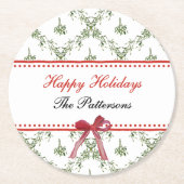 Prettige feestdagen Maretletoe Red Bow Custom Chri Ronde Kartonnen Onderzetter (Voorkant)