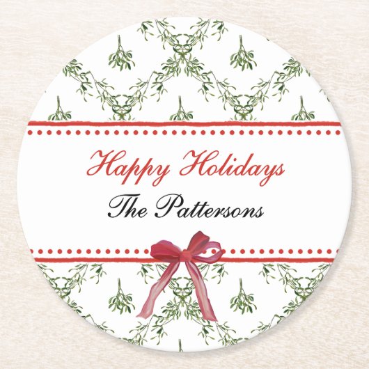 Prettige feestdagen Maretletoe Red Bow Custom Chri Ronde Kartonnen Onderzetter (Voorkant)