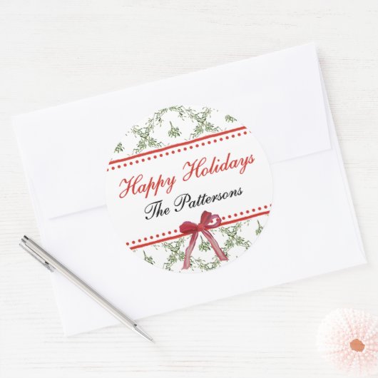 Prettige feestdagen Maretletoe Red Bow Custom Chri Ronde Sticker (Envelop)
