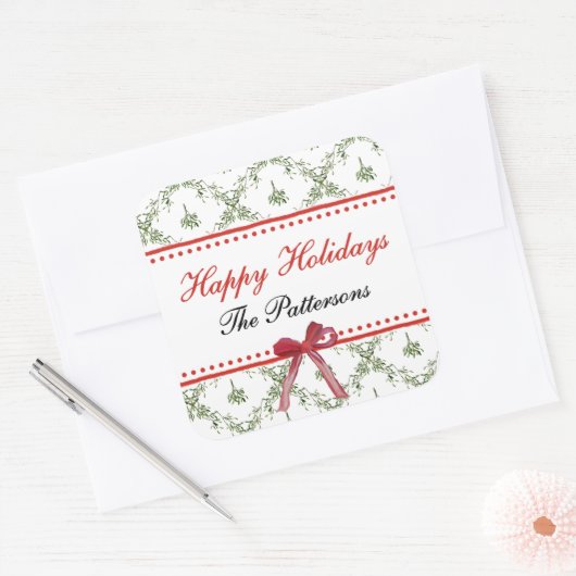 Prettige feestdagen Maretletoe Red Bow Custom Chri Vierkante Sticker (Envelop)