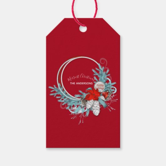 prettige feestdagen Matig Chic Red Pine Wreath Cadeaulabel (Voorkant)