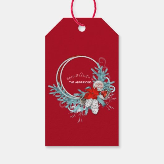 prettige feestdagen Matig Chic Red Pine Wreath Cadeaulabel (Achterkant)