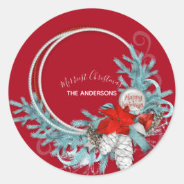 prettige feestdagen Matig Chic Red Pine Wreath Ronde Sticker