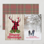 Prettige feestdagen Met Plaid Deer Head fotokaart Feestdagenkaart (Voorkant / Achterkant)