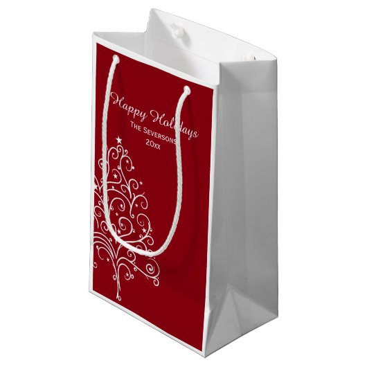 Prettige feestdagen met rode en witte kerstbomen klein cadeauzakje (Voorkant Gekanteld)