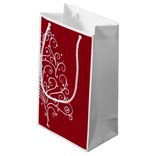 Prettige feestdagen met rode en witte kerstbomen klein cadeauzakje (Achterkant Gekanteld)