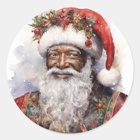 Prettige feestdagen met zwarte kerstman ronde sticker (Voorkant)