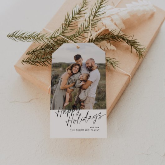 Prettige feestdagen Minimalistisch kerstfotoscript Cadeaulabel
